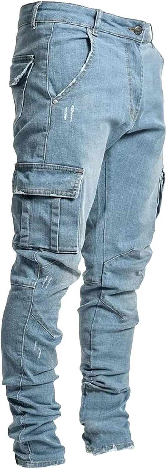 Mens Slim Fit Jeans with Pockets Stretch Skinny Denim Pencil Pants Nova Fashion Denim Cargo Pants