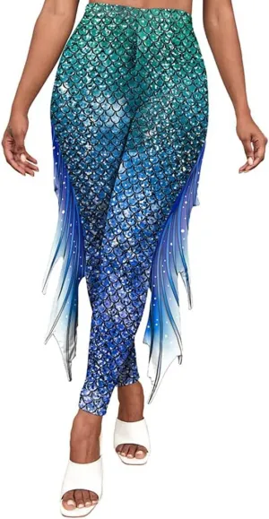 Mermaid Yoga Print Leggings for Women Plus Size Fish Scale High Waisted Pants Halloween Costume Tights