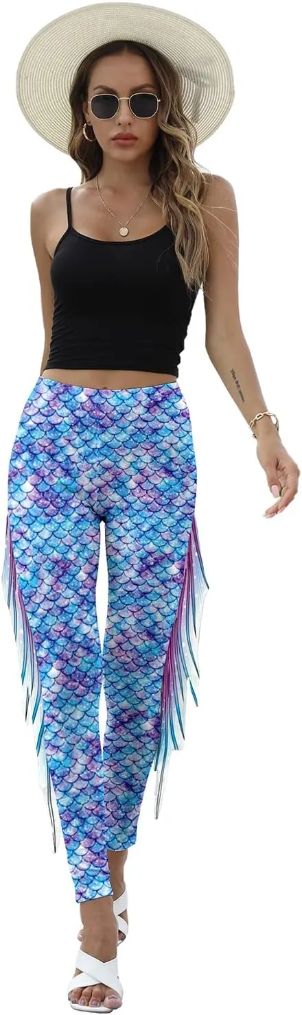 Mermaid Yoga Print Leggings for Women Plus Size Fish Scale High Waisted Pants Halloween Costume Tights