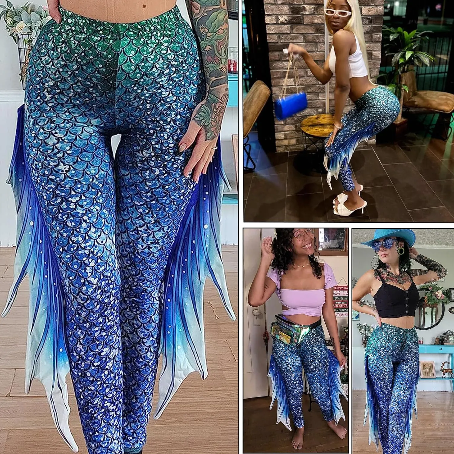 Mermaid Yoga Print Leggings for Women Plus Size Fish Scale High Waisted Pants Halloween Costume Tights