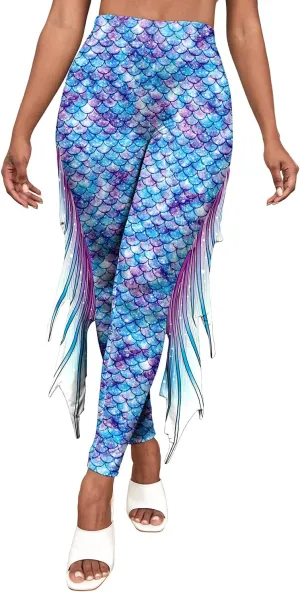 Mermaid Yoga Print Leggings for Women Plus Size Fish Scale High Waisted Pants Halloween Costume Tights