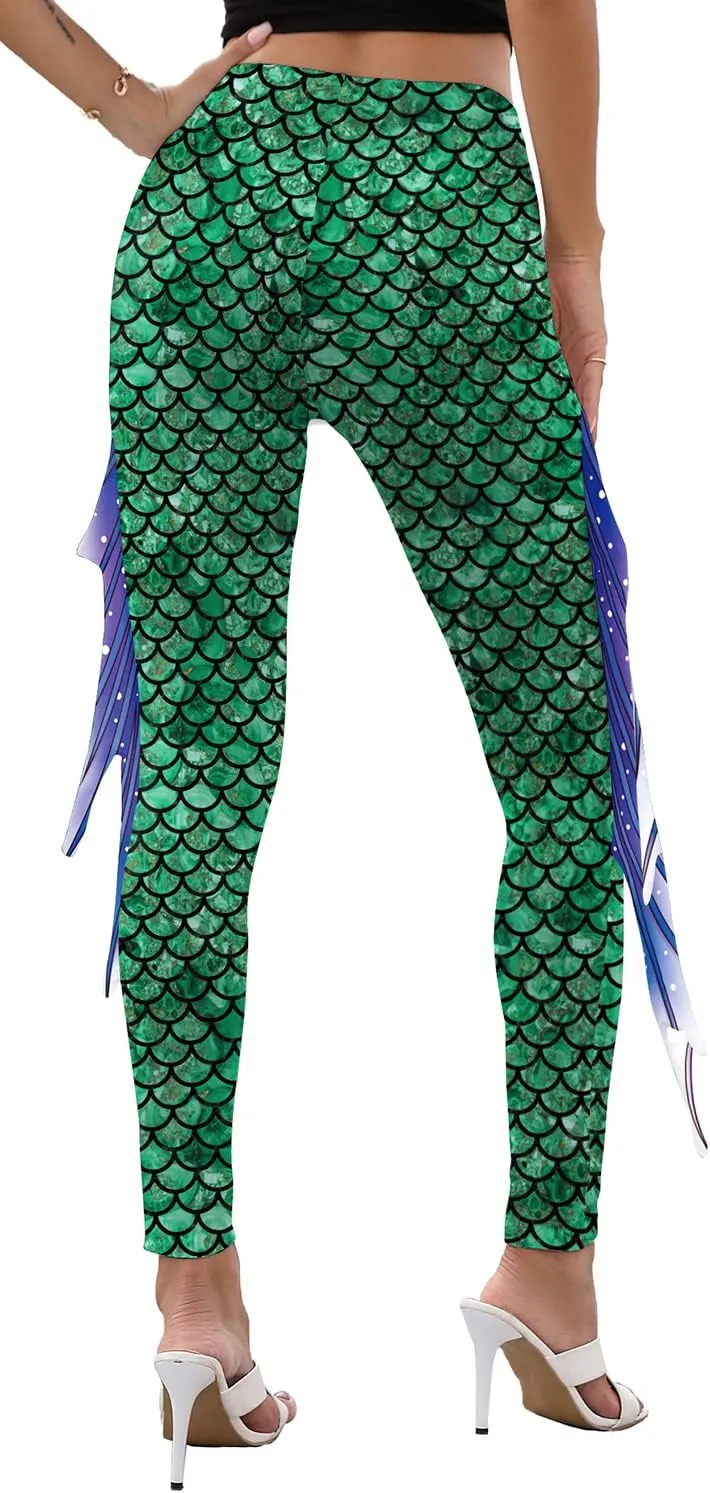 Mermaid Yoga Print Leggings for Women Plus Size Fish Scale High Waisted Pants Halloween Costume Tights