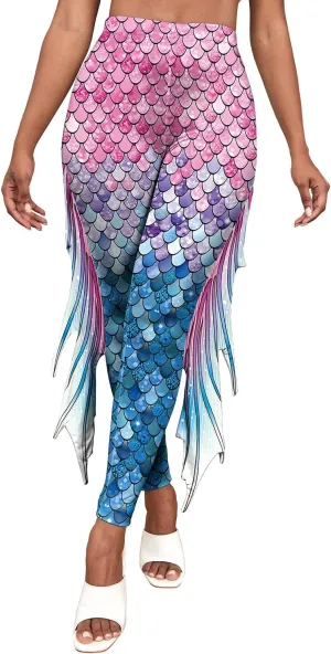 Mermaid Yoga Print Leggings for Women Plus Size Fish Scale High Waisted Pants Halloween Costume Tights