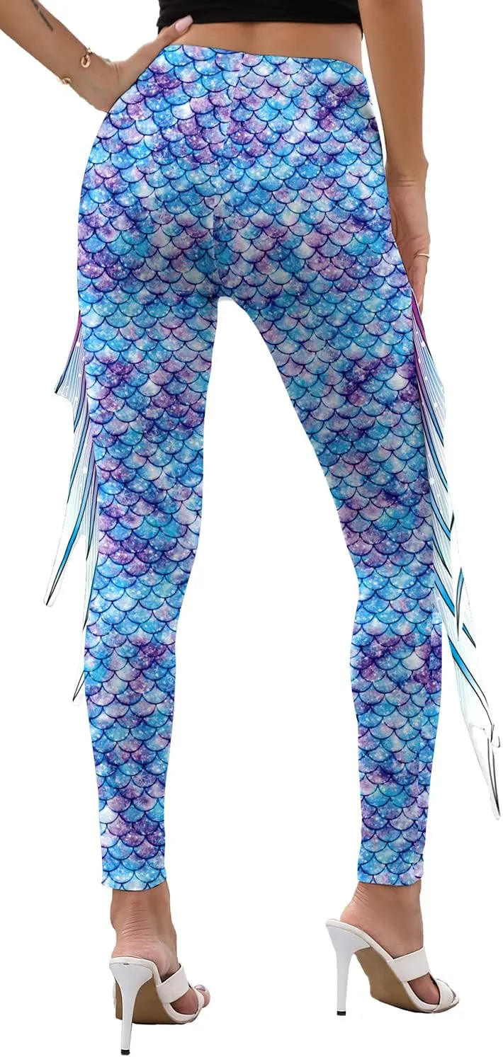 Mermaid Yoga Print Leggings for Women Plus Size Fish Scale High Waisted Pants Halloween Costume Tights