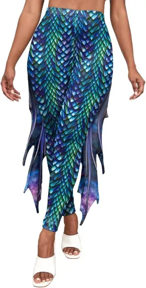 Mermaid Yoga Print Leggings for Women Plus Size Fish Scale High Waisted Pants Halloween Costume Tights