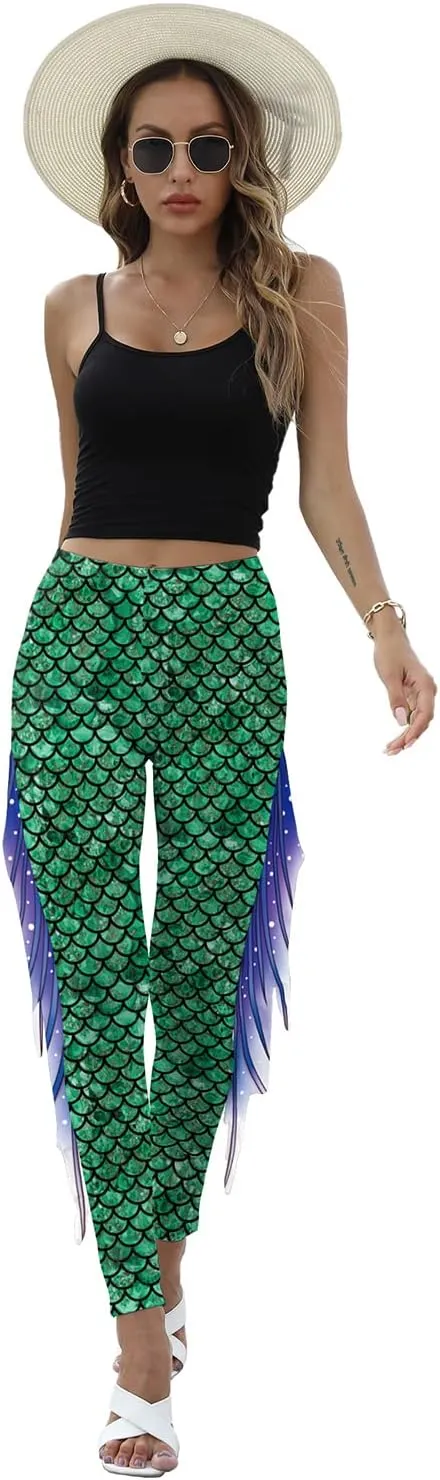 Mermaid Yoga Print Leggings for Women Plus Size Fish Scale High Waisted Pants Halloween Costume Tights