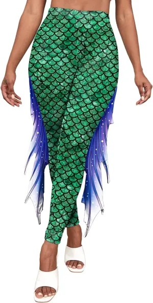 Mermaid Yoga Print Leggings for Women Plus Size Fish Scale High Waisted Pants Halloween Costume Tights