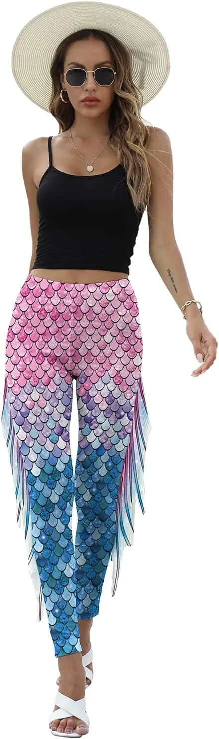 Mermaid Yoga Print Leggings for Women Plus Size Fish Scale High Waisted Pants Halloween Costume Tights