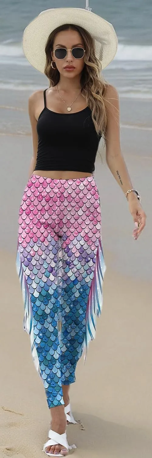 Mermaid Yoga Print Leggings for Women Plus Size Fish Scale High Waisted Pants Halloween Costume Tights