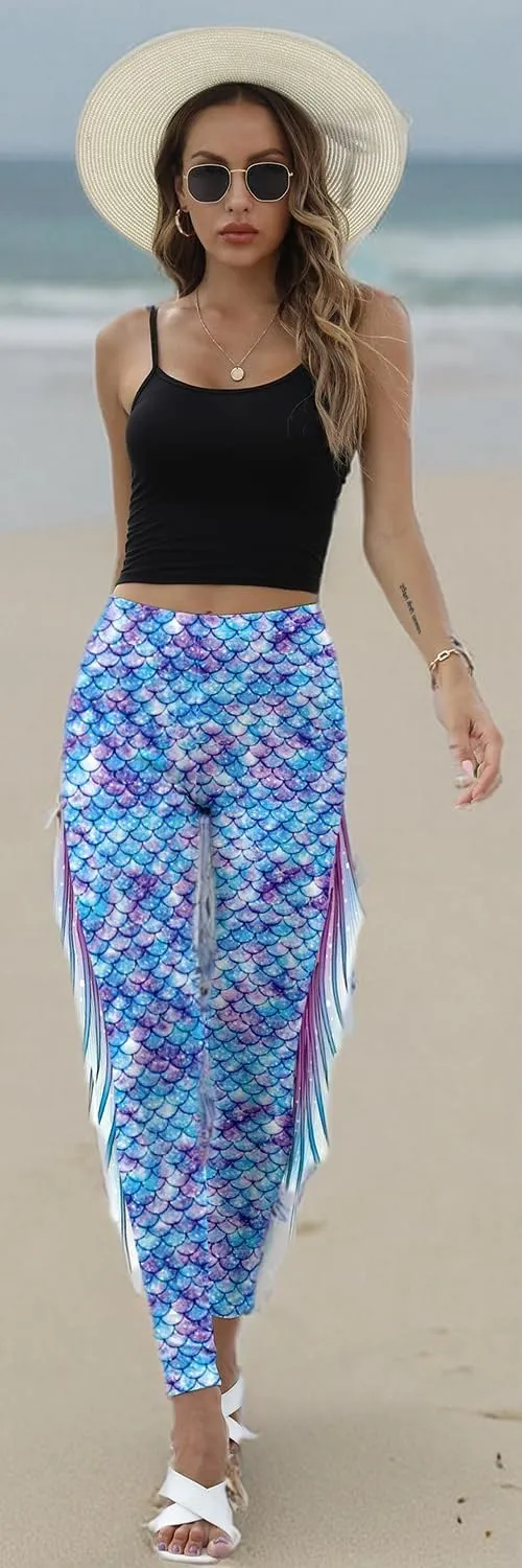 Mermaid Yoga Print Leggings for Women Plus Size Fish Scale High Waisted Pants Halloween Costume Tights