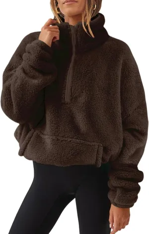 midelxp Womens Sherpa Fleece Half Zip Pullover Sweaters Soft Warm Oversized Sweatshirts Winter Fluffy Sweater with Pocket