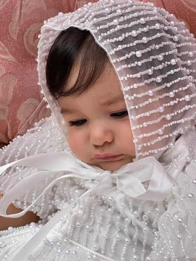 Mimi Miya Anja Girl's Christening Pearl Dress with Feathers