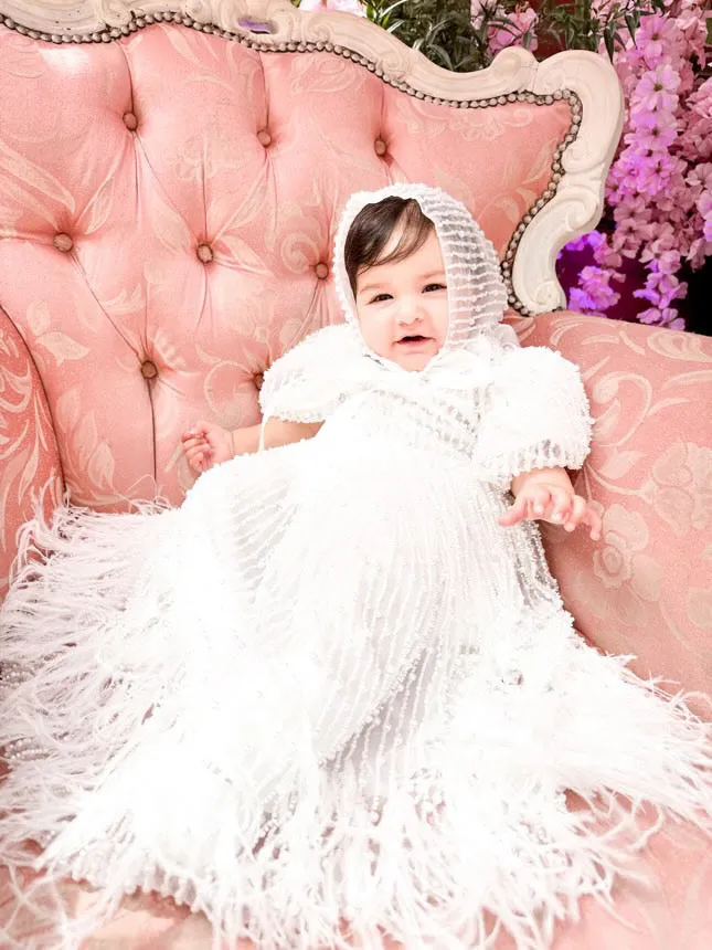 Mimi Miya Anja Girl's Christening Pearl Dress with Feathers