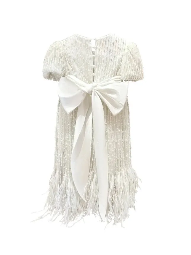 Mimi Miya Anja Girl's Christening Pearl Dress with Feathers