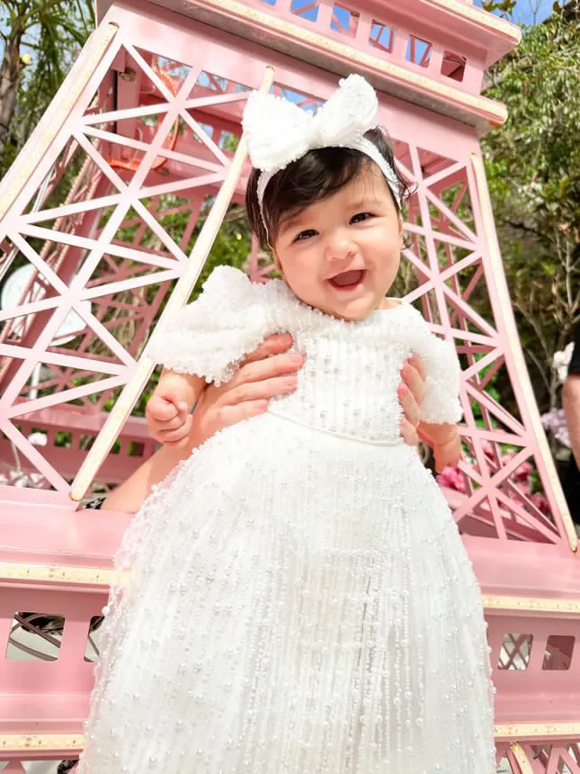 Mimi Miya Anja Girl's Christening Pearl Gown with Feathers