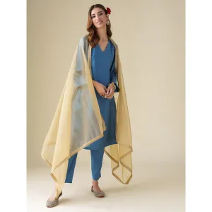 Mushio Blue Embellished Chanderi Vaayu Kurta with Slip Pants and Dupatta (Set of 4)