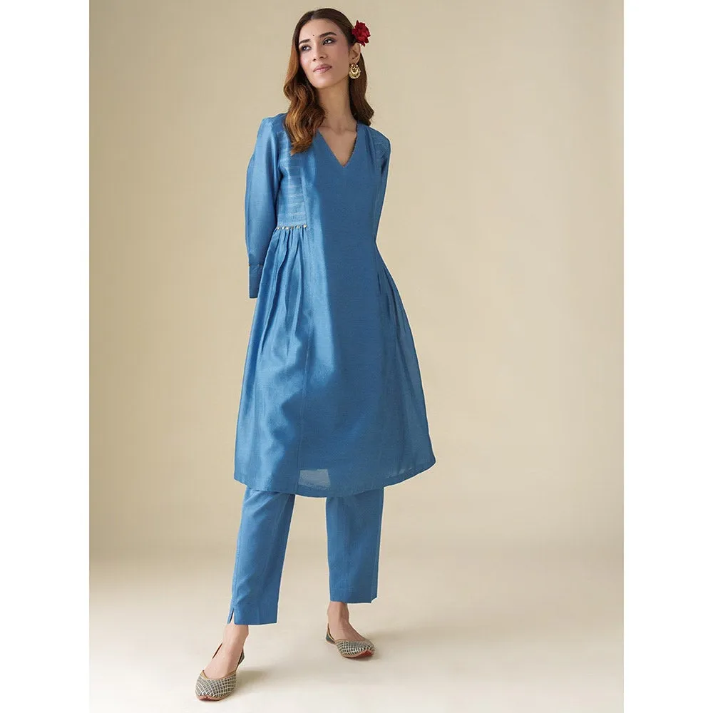 Mushio Blue Embellished Chanderi Vaayu Kurta with Slip Pants and Dupatta (Set of 4)