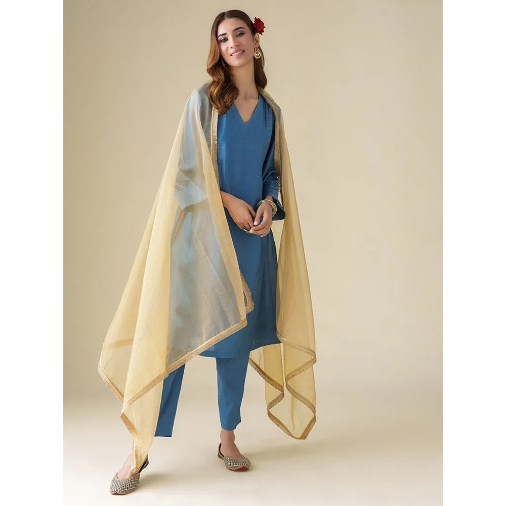 Mushio Blue Embellished Chanderi Vaayu Kurta with Slip Pants and Dupatta (Set of 4)