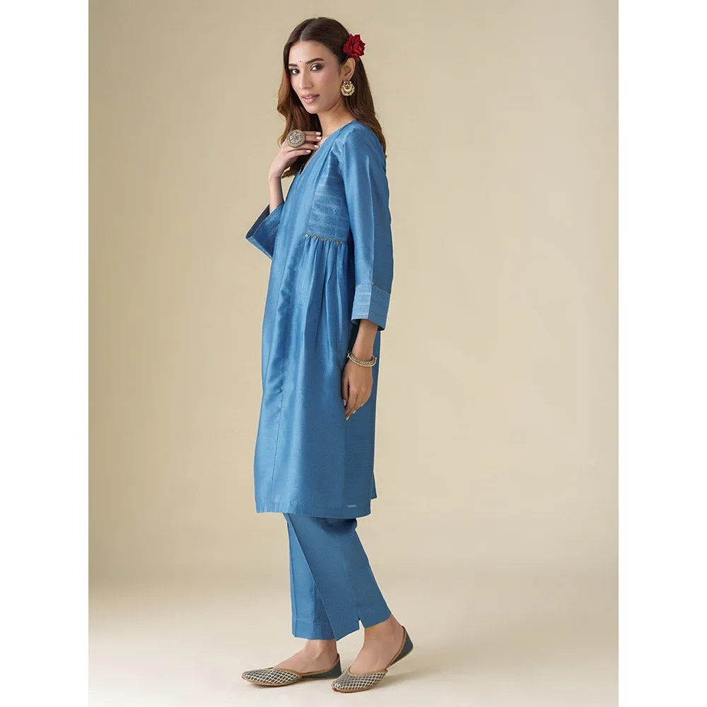 Mushio Blue Embellished Chanderi Vaayu Kurta with Slip Pants and Dupatta (Set of 4)