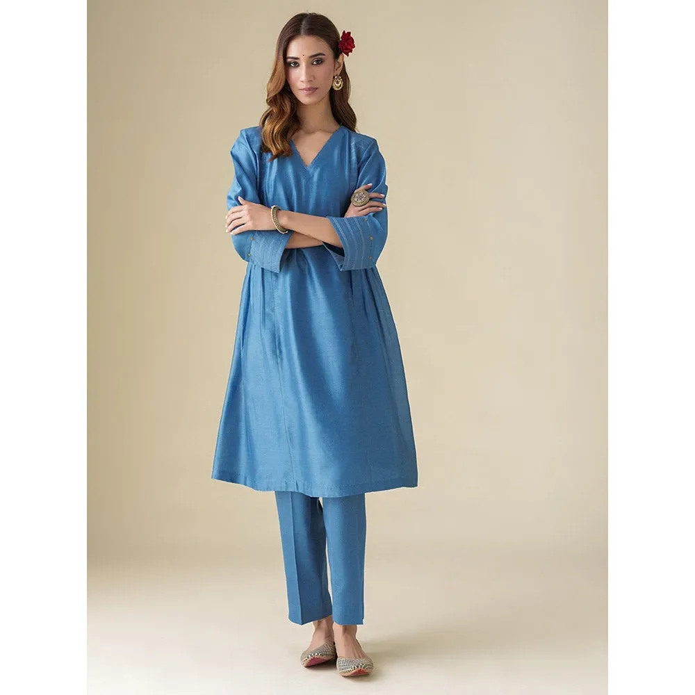 Mushio Blue Embellished Chanderi Vaayu Kurta with Slip Pants and Dupatta (Set of 4)