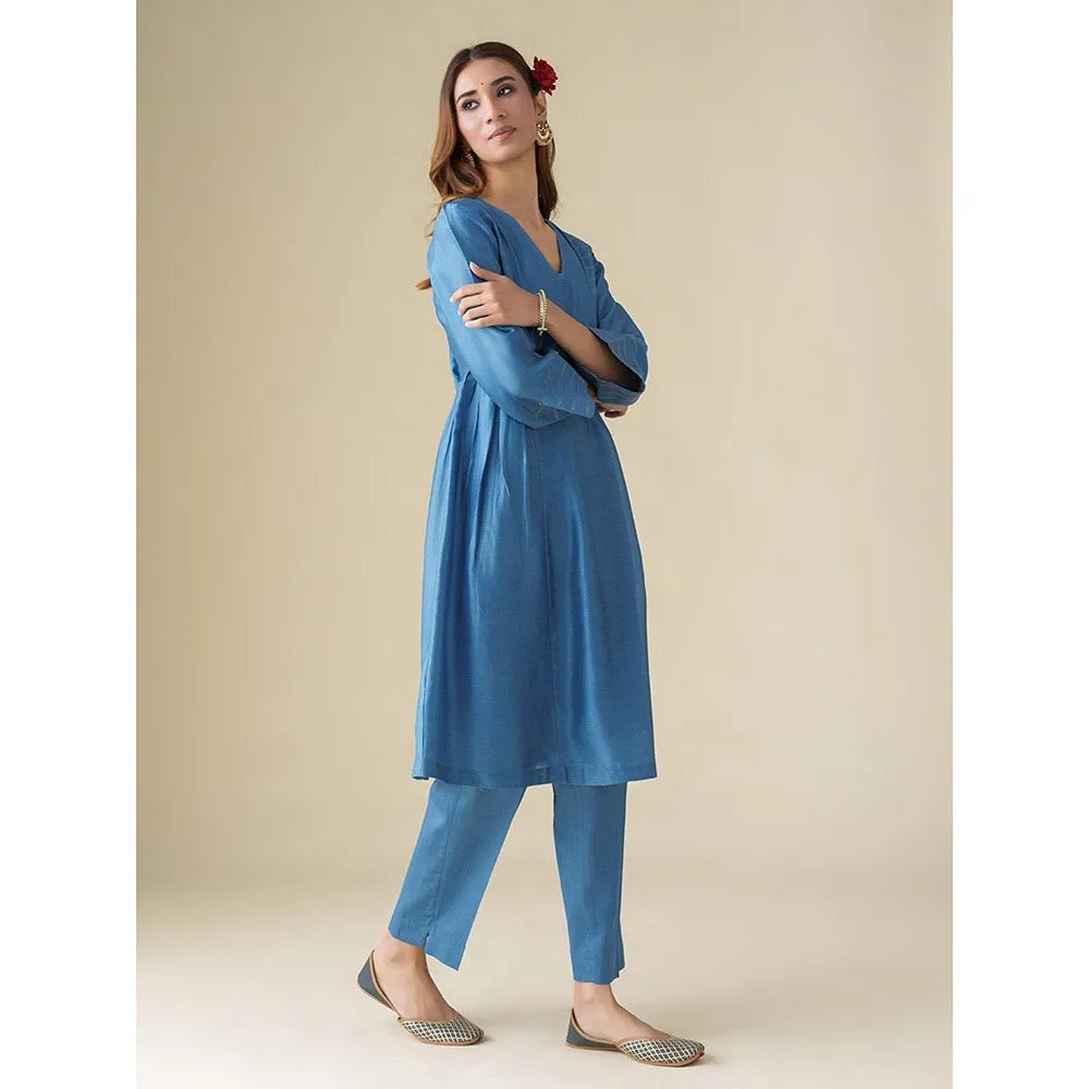 Mushio Blue Embellished Chanderi Vaayu Kurta with Slip Pants and Dupatta (Set of 4)