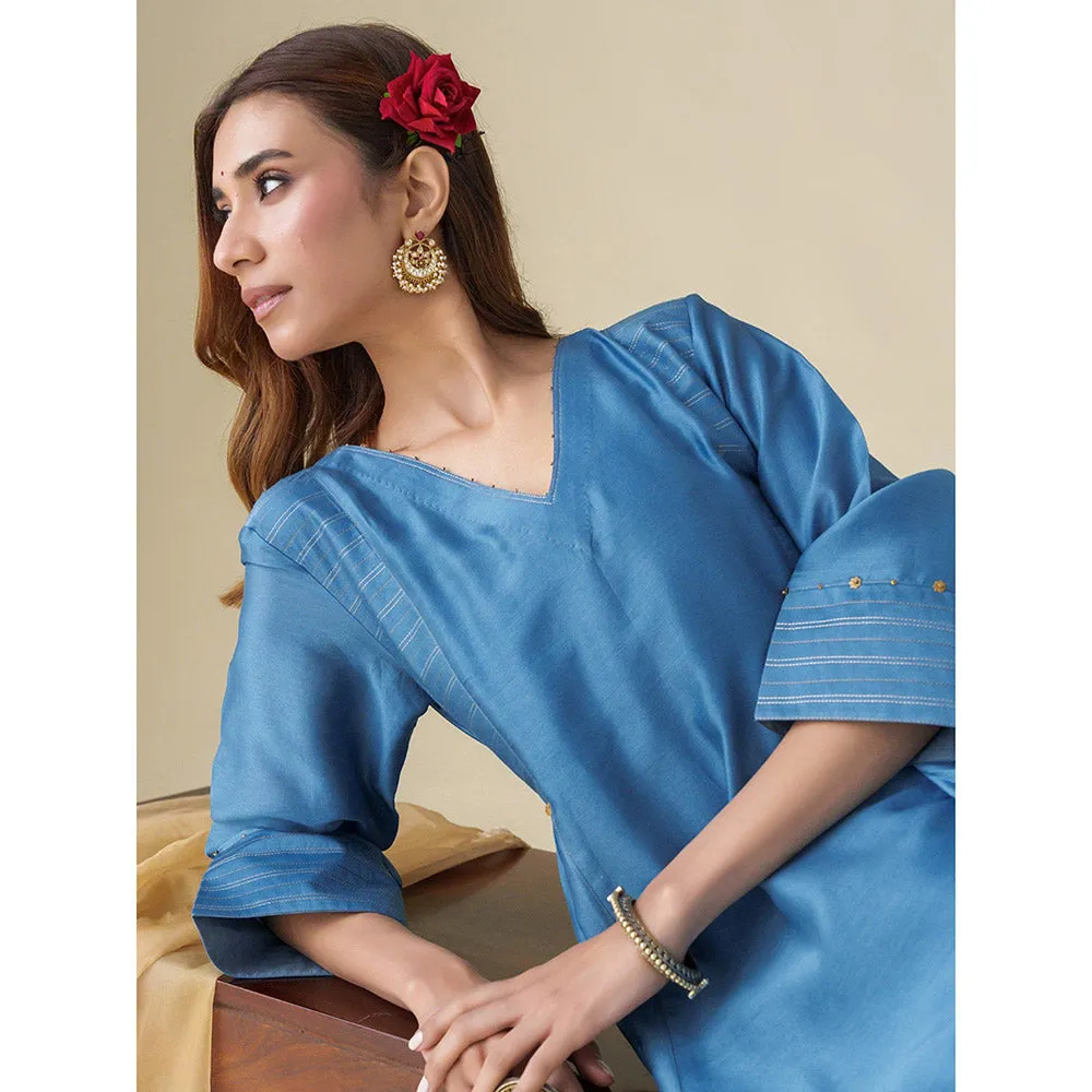 Mushio Blue Embellished Chanderi Vaayu Kurta with Slip Pants and Dupatta (Set of 4)