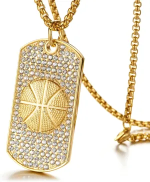PEAS 18K Gold Plated Jewelry Iced Out Crystal Dog Tag Pendant Basketball Necklace