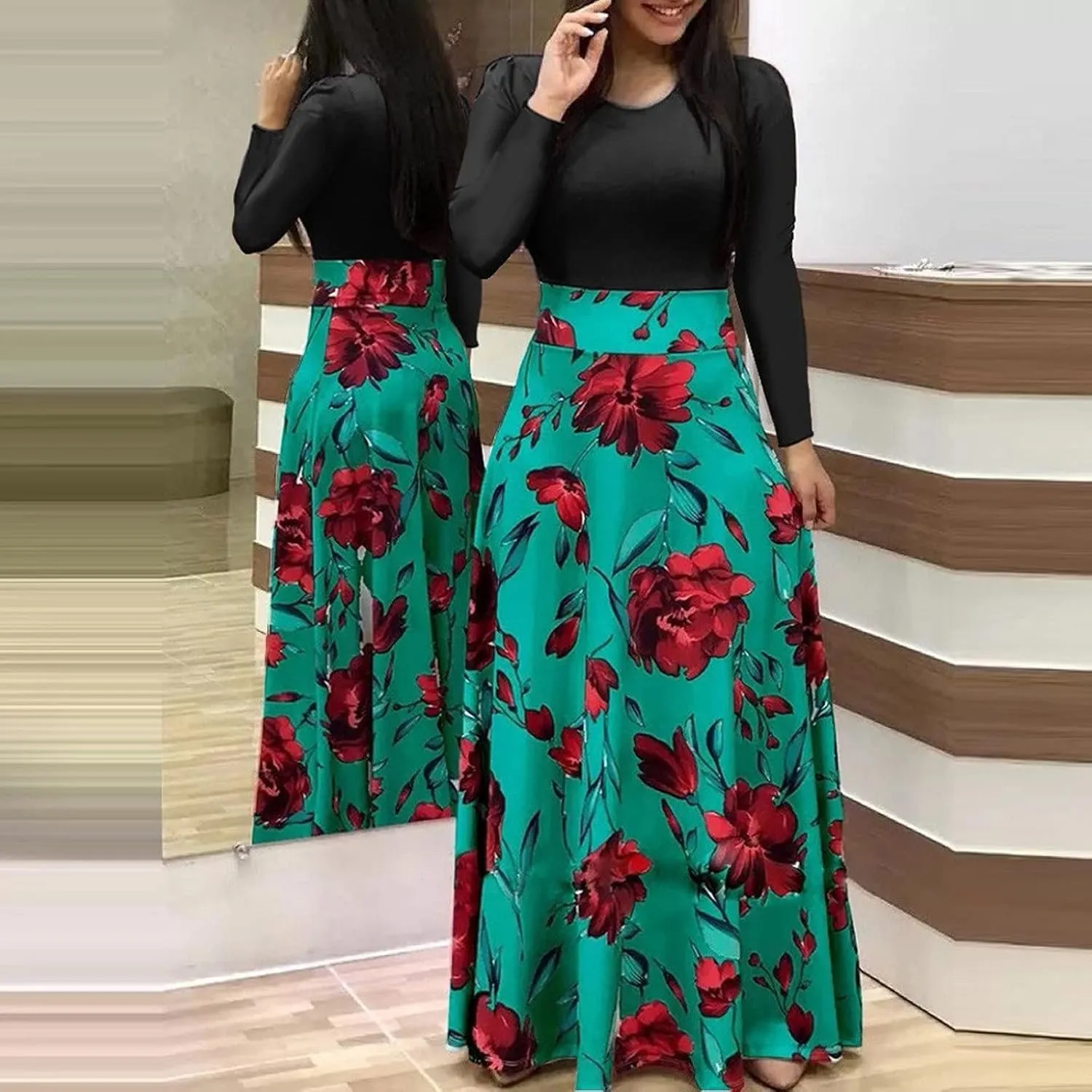 Plus Size Dresses for Curvy Women Short/Long Sleeve Floral Maxi Dress 2024 Fall Casual Crewneck High Waist Long Dress