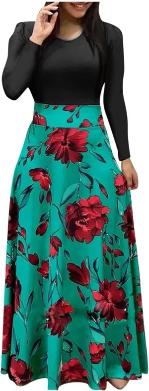 Plus Size Dresses for Curvy Women Short/Long Sleeve Floral Maxi Dress 2024 Fall Casual Crewneck High Waist Long Dress