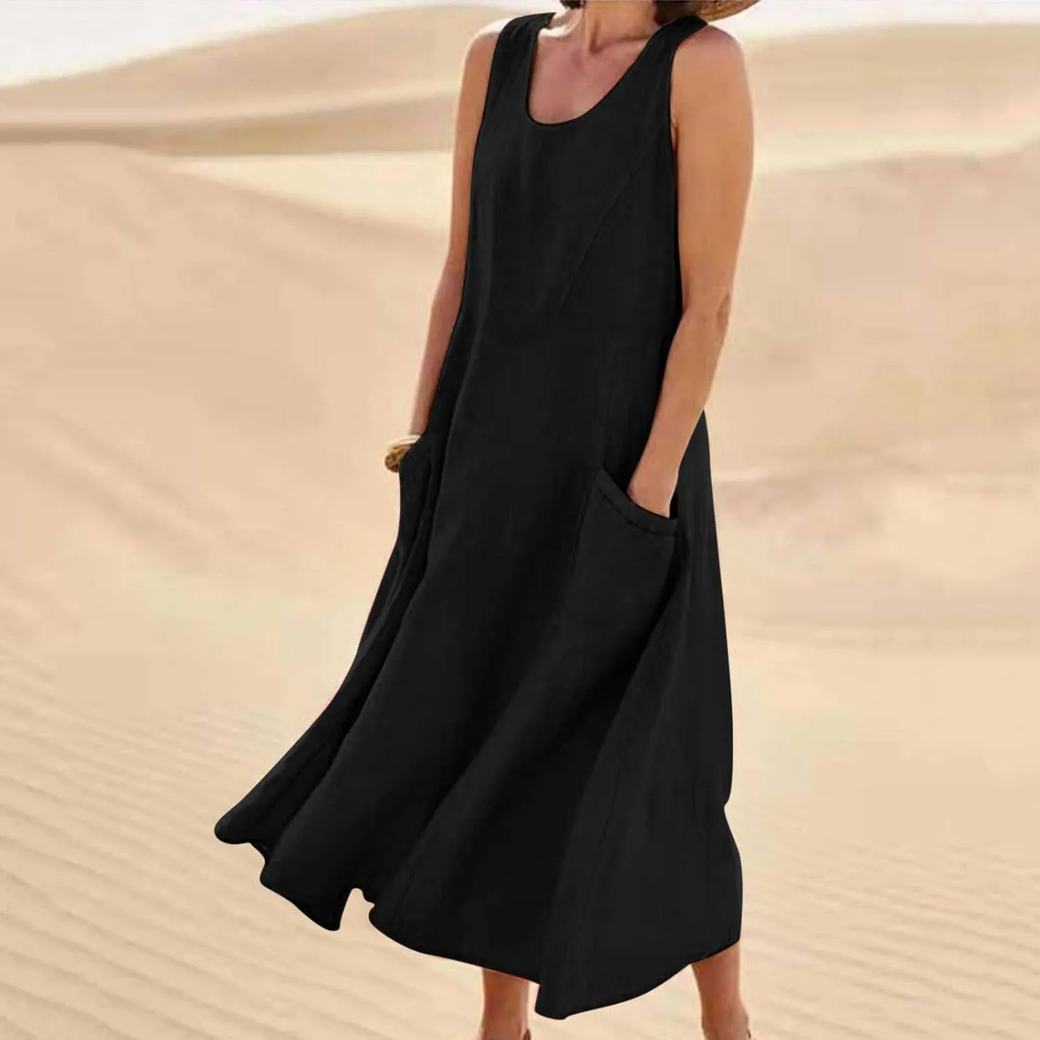 Plus Size Summer Dresses for Women 2025 Casual Plain Sleeveless Linen Tank Dress Beach Sun Dresses with Pockets