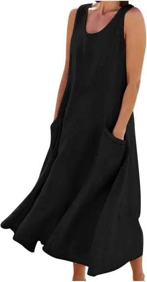 Plus Size Summer Dresses for Women 2025 Casual Plain Sleeveless Linen Tank Dress Beach Sun Dresses with Pockets