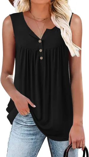 POPYOUNG Womens Summer Tank Tops Sleeveless Loose Fit Henley Button Down Shirts to Wear with Leggings Casual Pleated Blouse