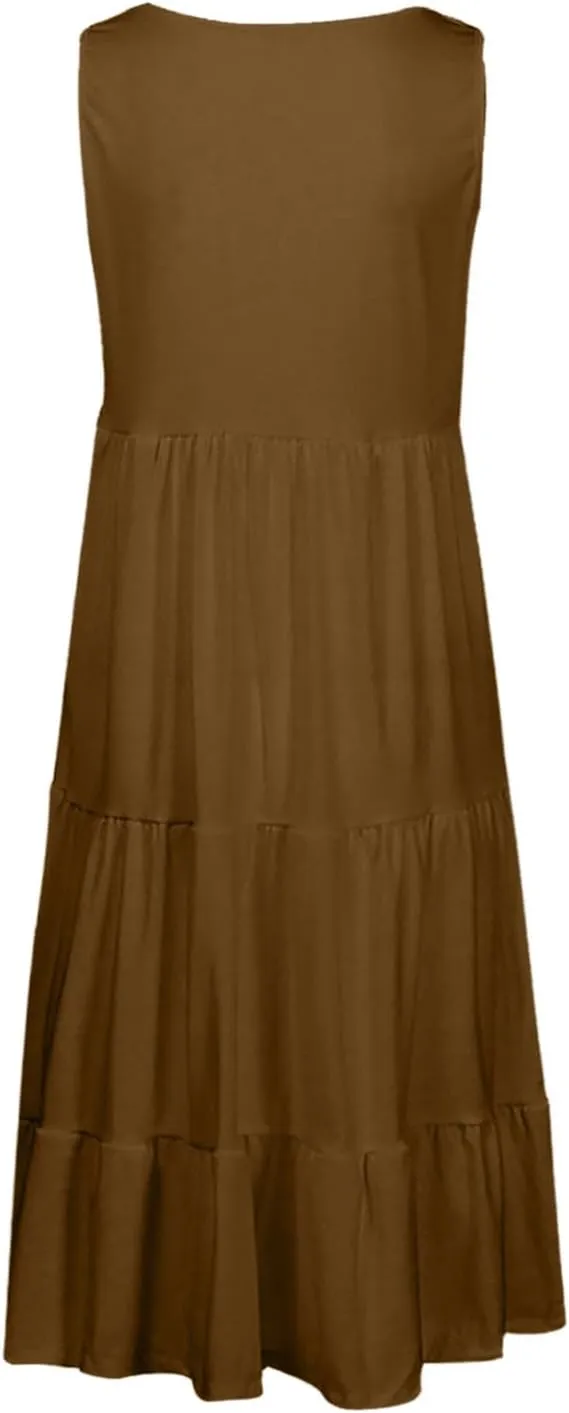 Summer Dresses for Women 2025 Sleeveless Tiered Sundress Pleated Swing Midi Dress Plus Size Beach Vacation Outfits