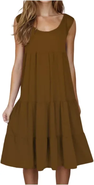 Summer Dresses for Women 2025 Sleeveless Tiered Sundress Pleated Swing Midi Dress Plus Size Beach Vacation Outfits
