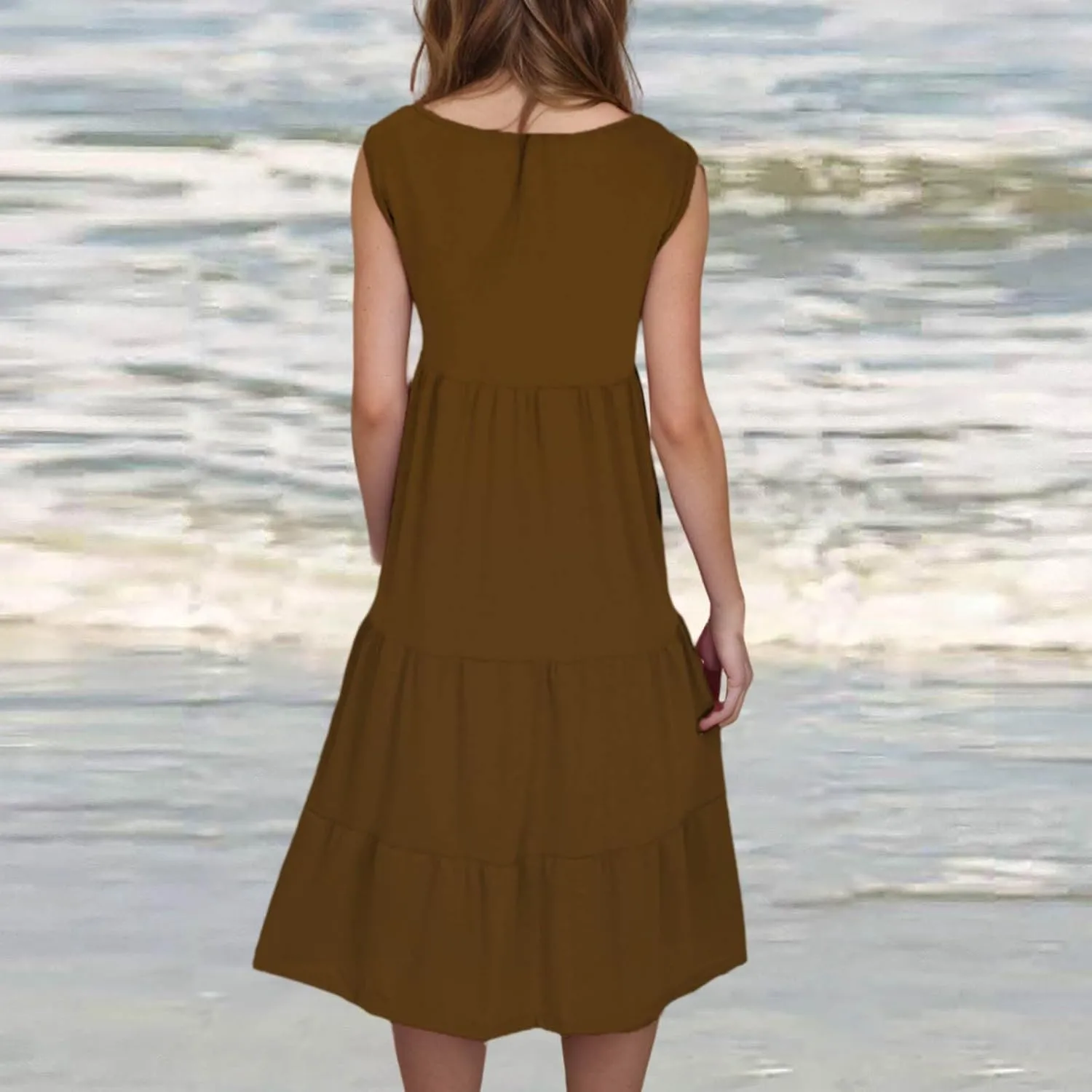 Summer Dresses for Women 2025 Sleeveless Tiered Sundress Pleated Swing Midi Dress Plus Size Beach Vacation Outfits