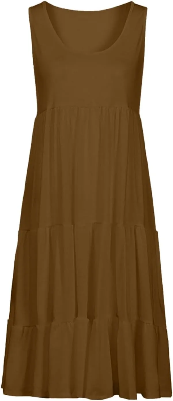 Summer Dresses for Women 2025 Sleeveless Tiered Sundress Pleated Swing Midi Dress Plus Size Beach Vacation Outfits