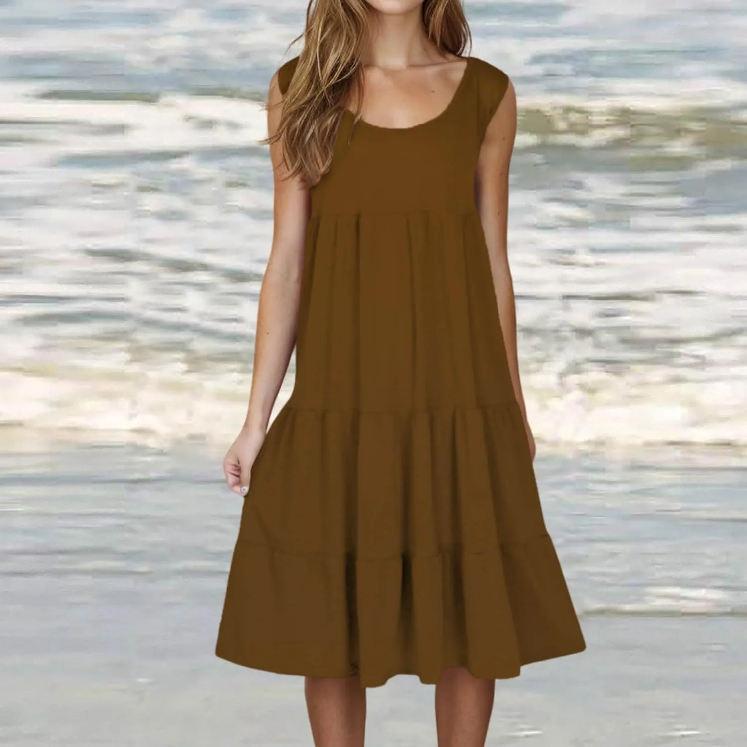 Summer Dresses for Women 2025 Sleeveless Tiered Sundress Pleated Swing Midi Dress Plus Size Beach Vacation Outfits