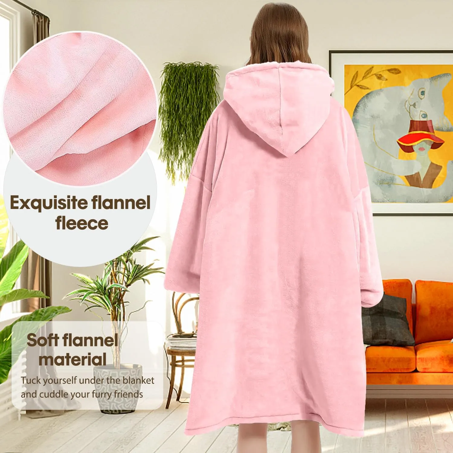 Wearable Blanket, Blanket Hoodie Soft Warm Sweatshirt Gifts for Mom Adults Women Men Kids Wearable Blanket Hoodie with Pocket (Pink)