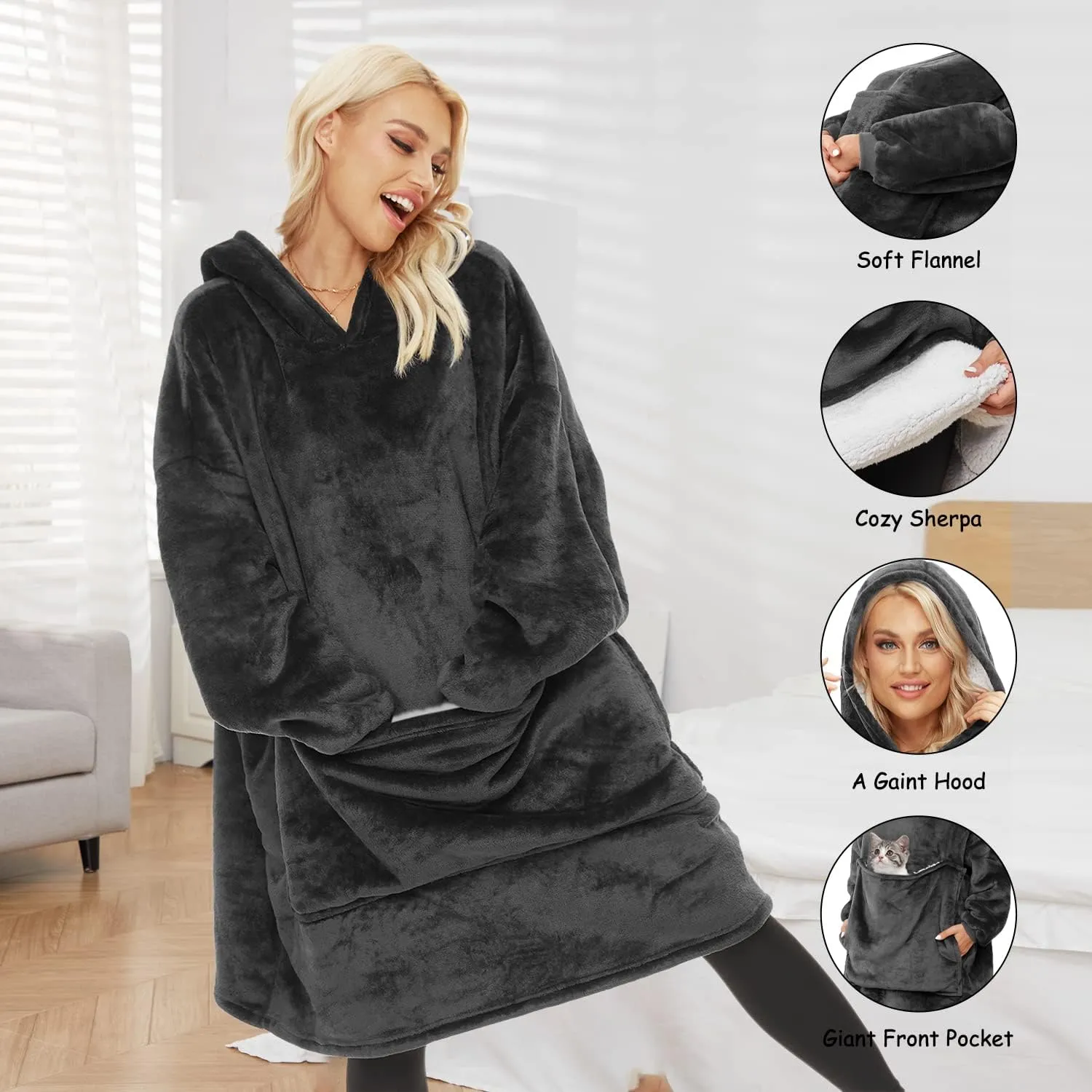 Wearable Blanket Hoodie for Adults Women Men,Oversized Soft Warm Sherpa Fleece Hoodie with Pets Giant Pocket