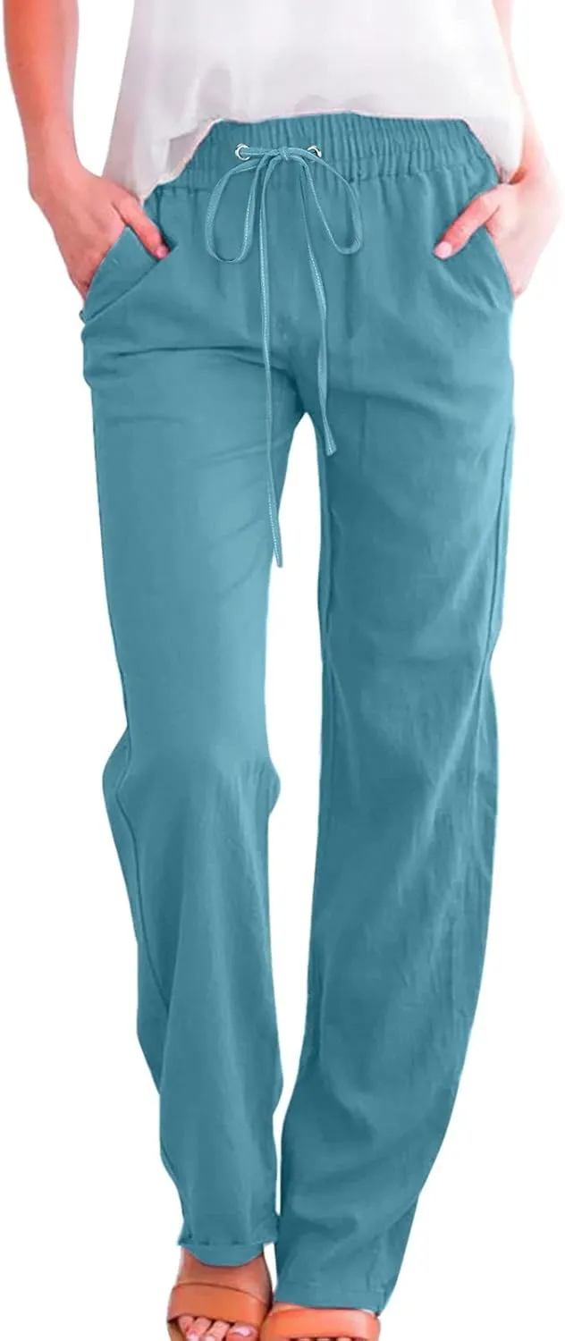 Women Linen Palazzo Pants Winter Low Outfits Trousers with Pockets Flare Leggings High Waisted