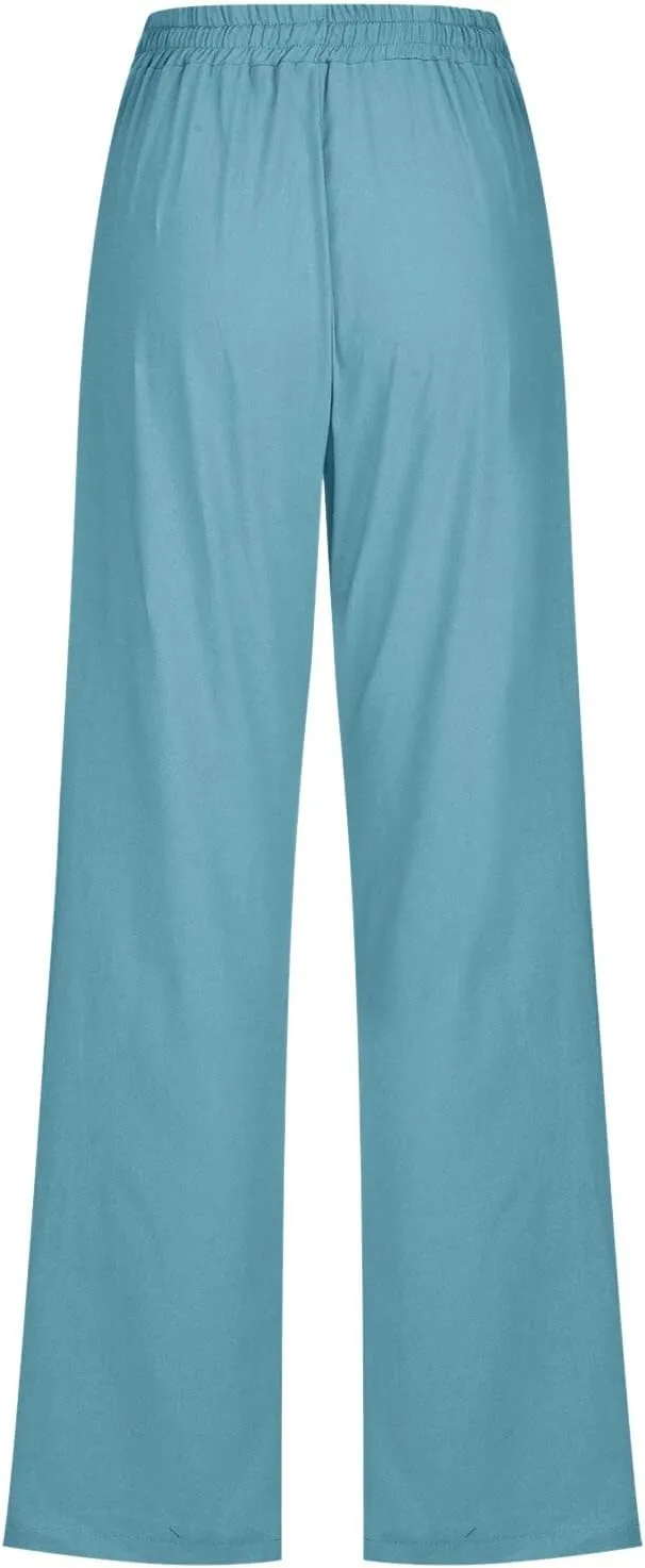 Women Linen Palazzo Pants Winter Low Outfits Trousers with Pockets Flare Leggings High Waisted
