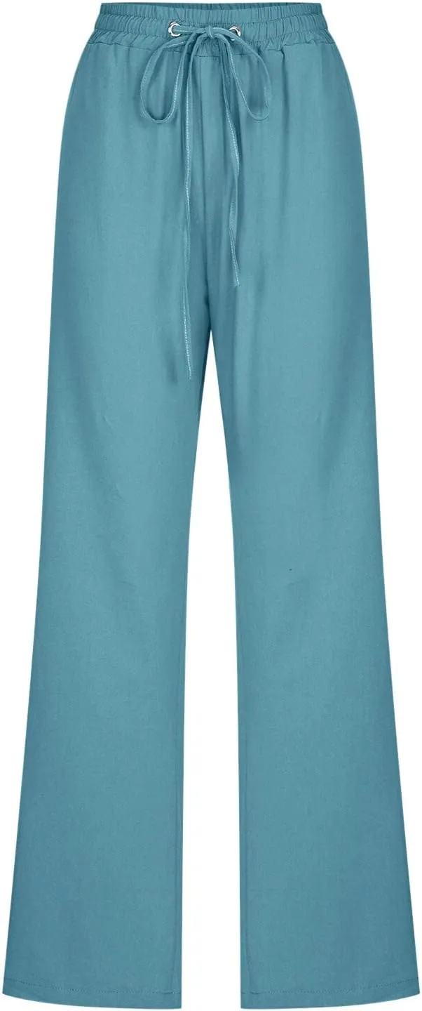 Women Linen Palazzo Pants Winter Low Outfits Trousers with Pockets Flare Leggings High Waisted