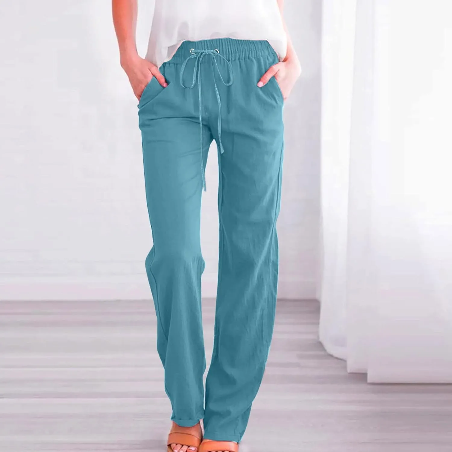 Women Linen Palazzo Pants Winter Low Outfits Trousers with Pockets Flare Leggings High Waisted