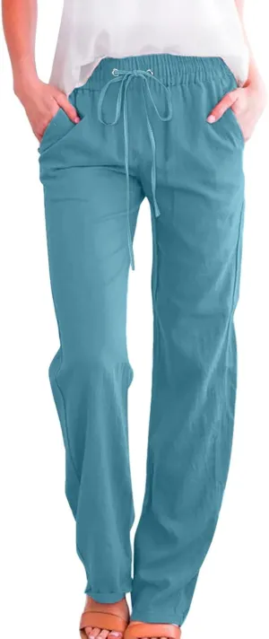 Women Linen Palazzo Pants Winter Low Outfits Trousers with Pockets Flare Leggings High Waisted