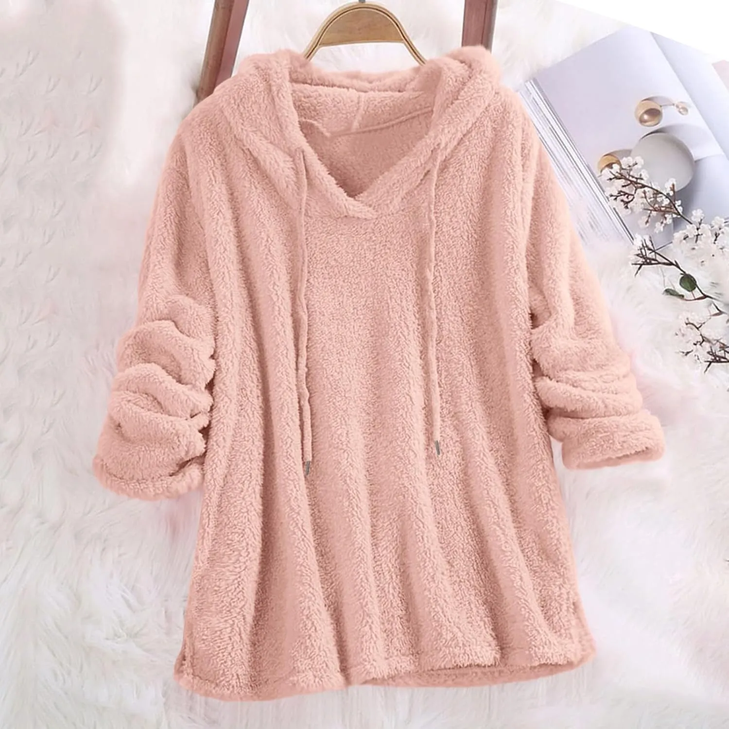 Women Sherpa Fleece Hoodies Oversized Sweatshirts Long Sleeve Drawstring Pullover Winter Soft Comfy Fuzzy Pajama Tops