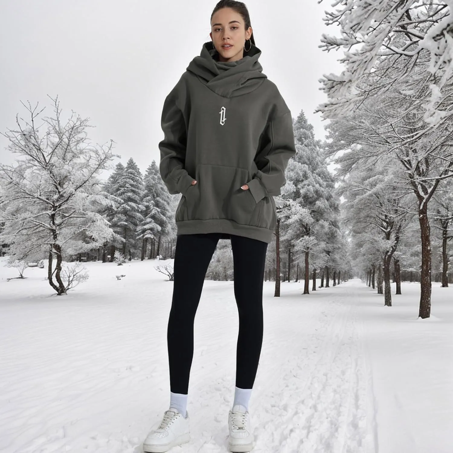 Womens Fleece Hoodie with Scarf Soft Cotton Oversized Pullover Casual Hooded Sweatshirts Fall Winter Clothes