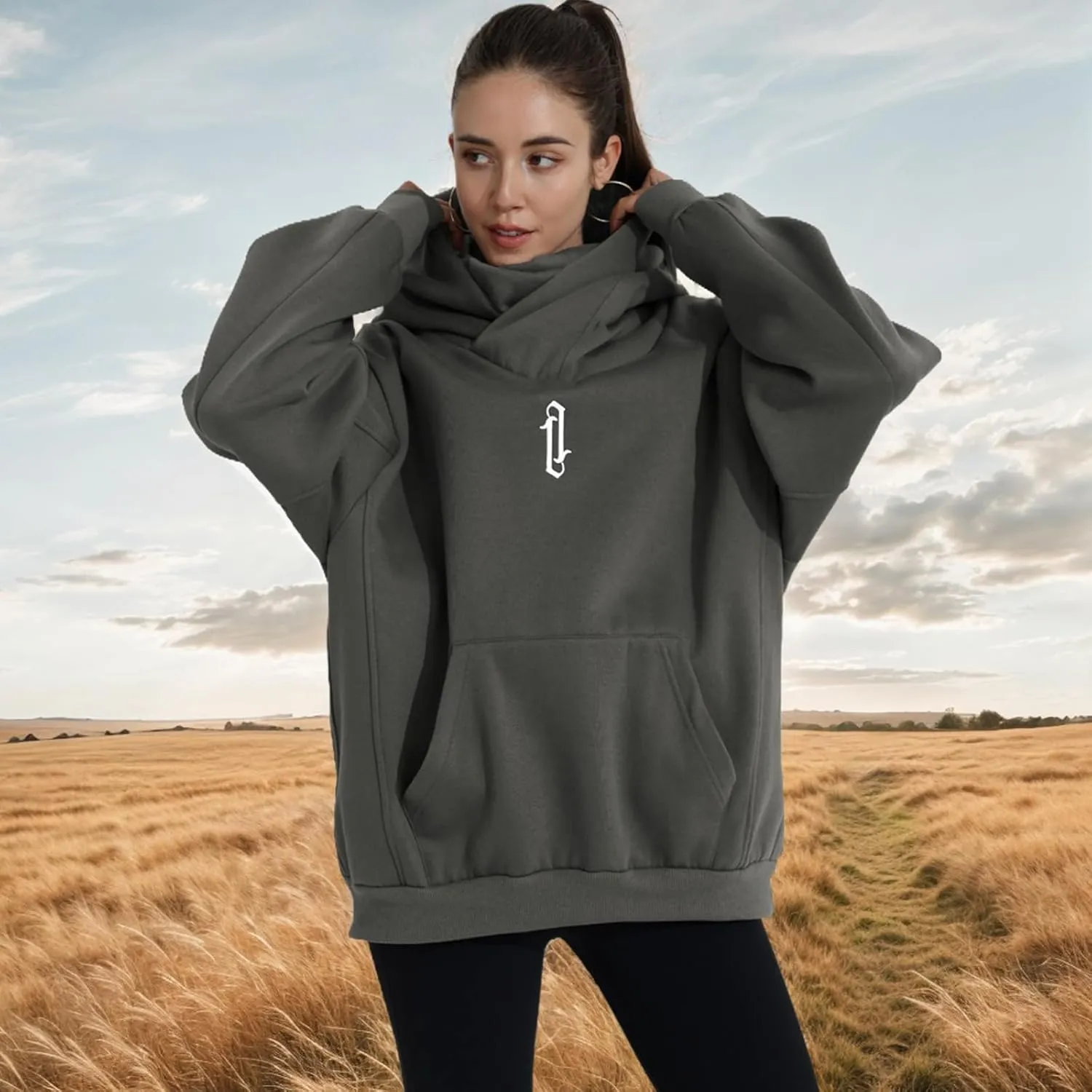 Womens Fleece Hoodie with Scarf Soft Cotton Oversized Pullover Casual Hooded Sweatshirts Fall Winter Clothes