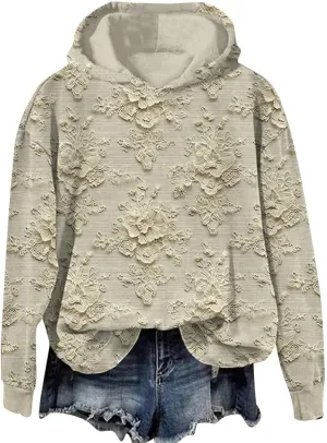 Womens Floral Lace Hoodie Elegant Pullover Sweatshirt Soft Fleece Oversized Lounge Fall Winter Athleisure Streetwear