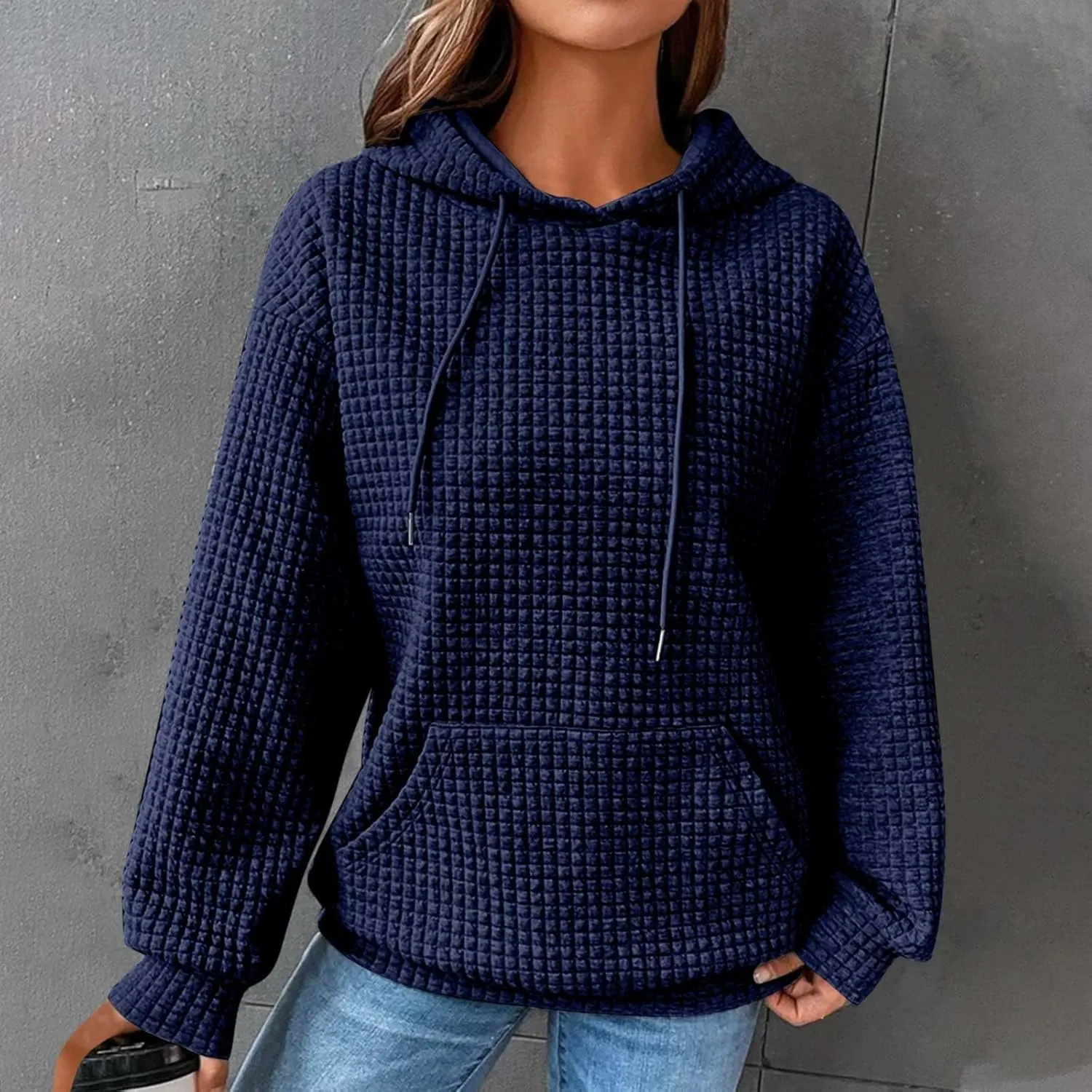 Womens Hoodies Oversized Waffle Drawstring Thick Pullover Sweatshirt Fall Fashion 2024 Soft Baggy Tunic Hoodies