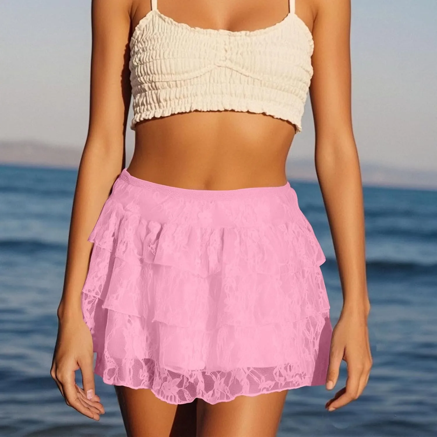 Women's Mesh Tiered Layer Ruched Y2K Skirts Ruffle Hem A Line Coquette Low Waist Skirt Cute Short Skirts Streetwear